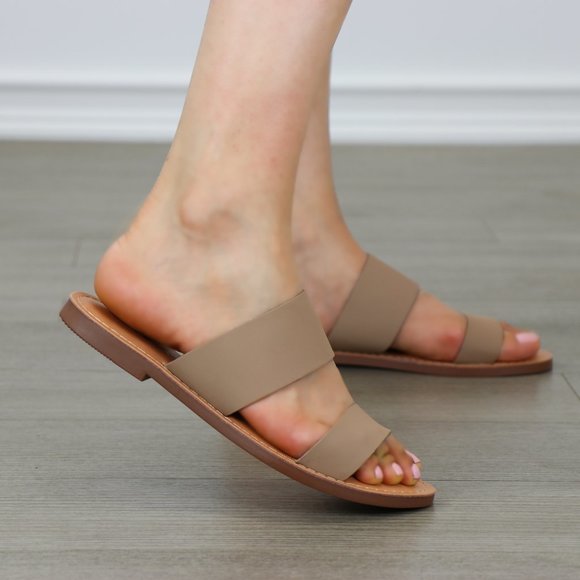 Slip On 2 Strap Flat Sandal Tan Faux Leather - Picture 2 of 9